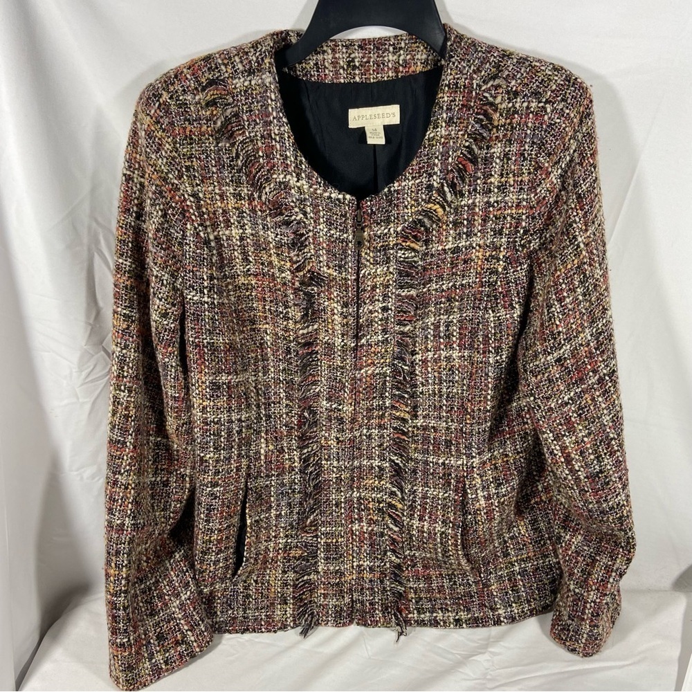 Appleseed’s Women’s Full Zip Tweed Jacket Size 14 Fringe Wool Blend Office